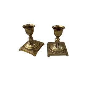 Vintage Brass Etched Taper Candle Holder Set Of Two Square Base Mid Century